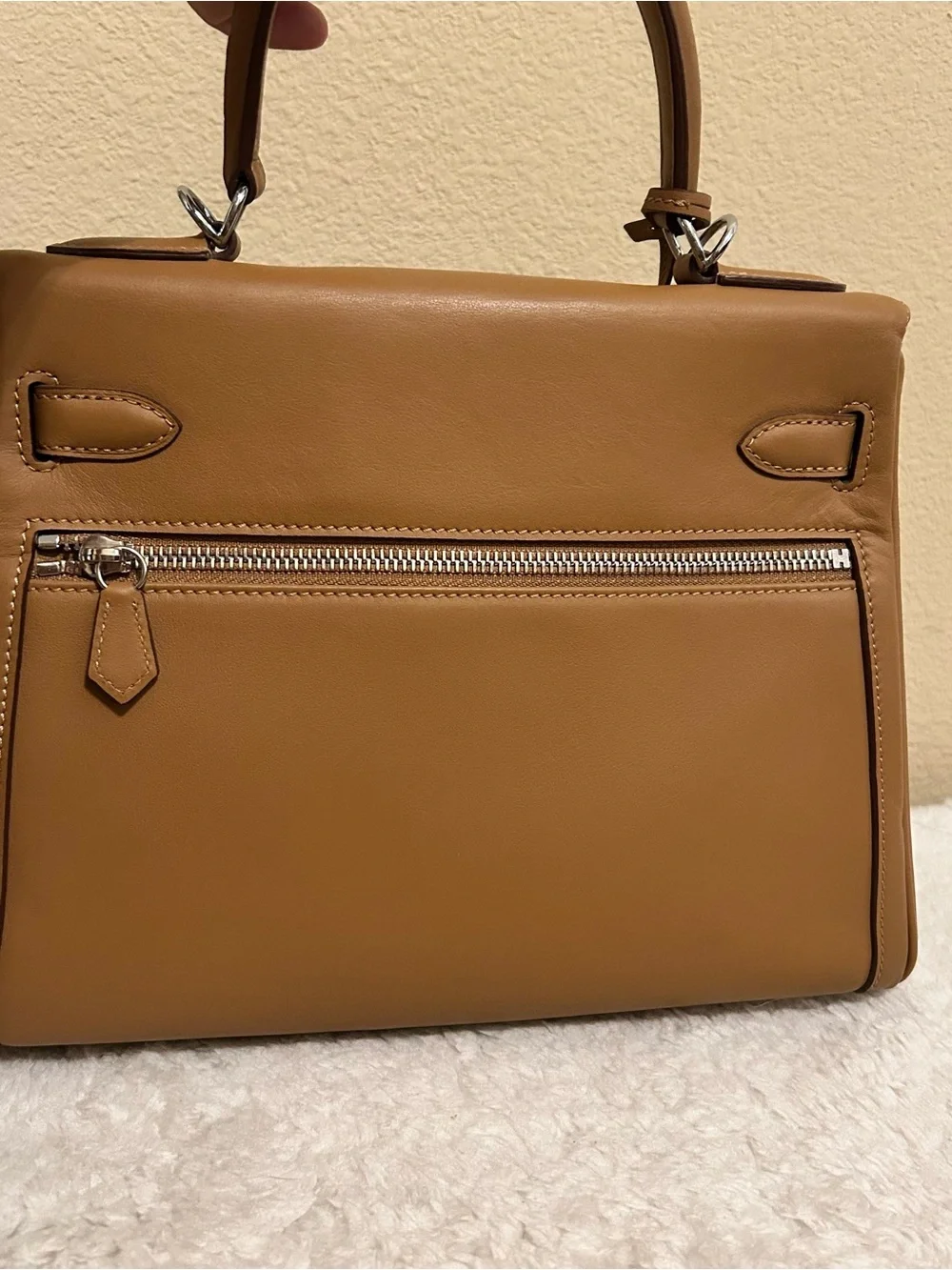 28cm Biscuit Top Handle Double Front Pocket Leather Satchel